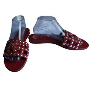 Vince Camuto Womens 10 Red Studded Slide Sandals Flat Leather Cutout